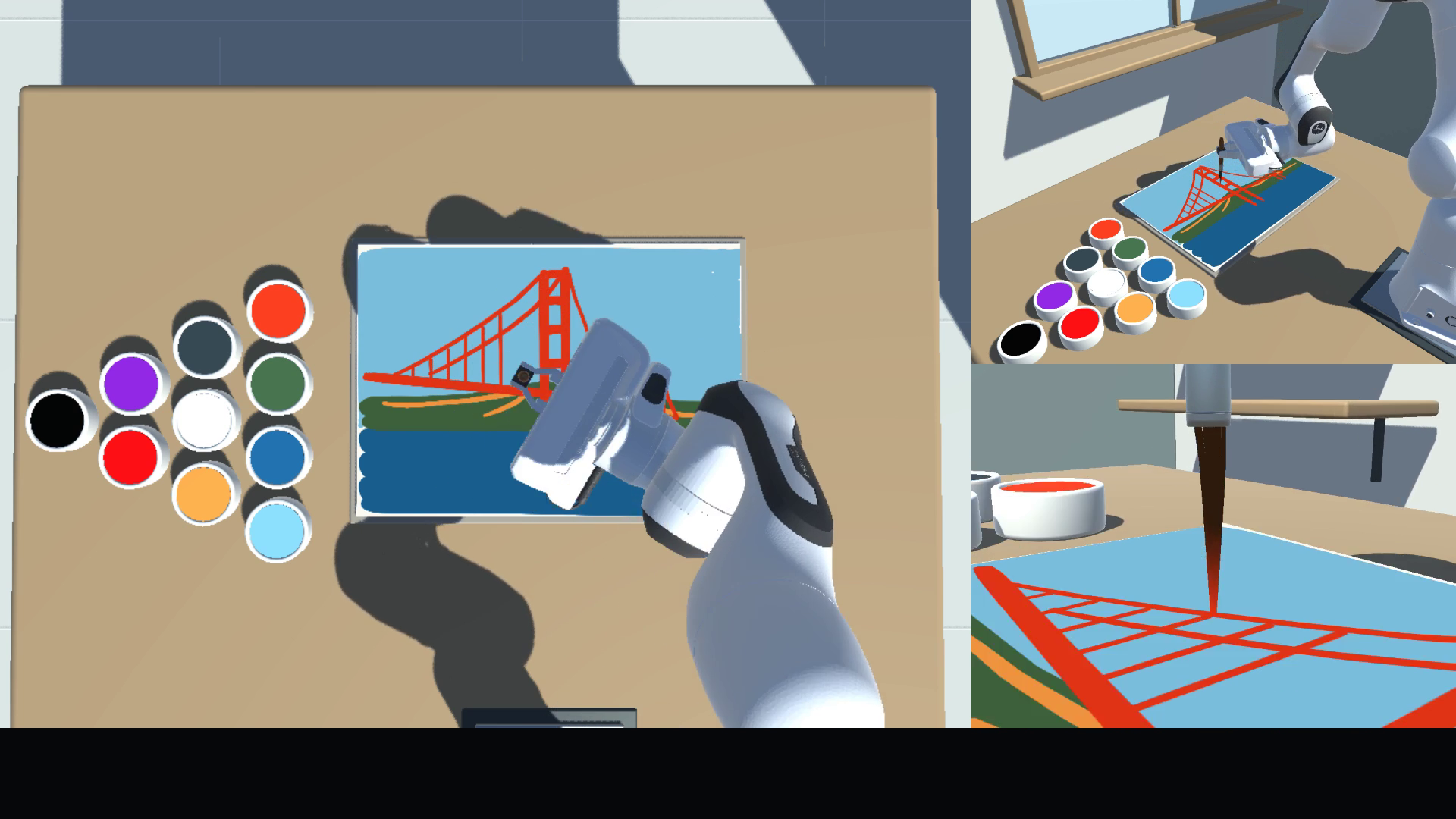 Robot painting recording with two workspace views and a brush-follow close-up